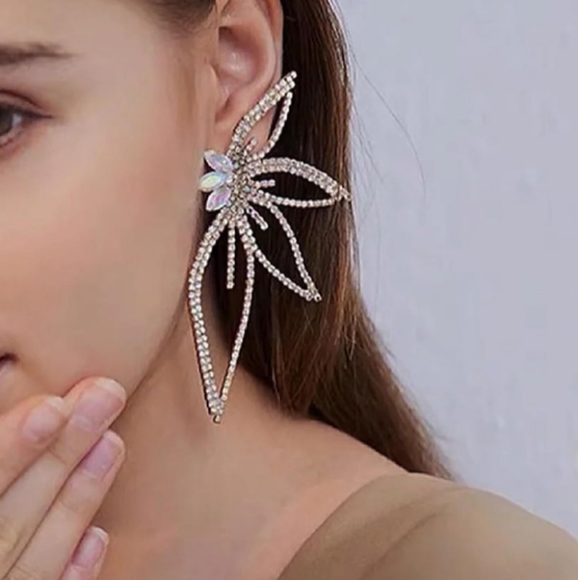 4 Inch Art Deco Black Abstract Flower Statement Earrings Crystal Butterfly Wings - Picture 6 of 7